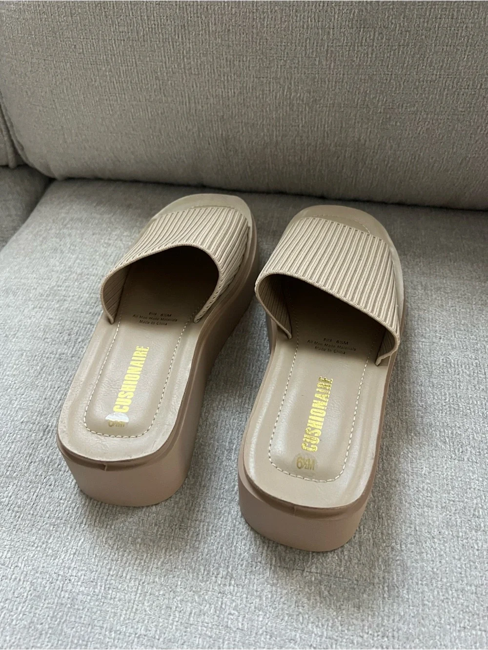 Ribbed Platform Slide Sandals in Tan